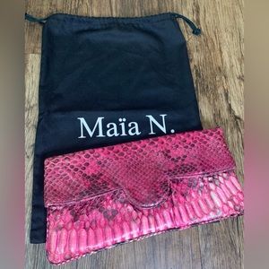Maia N Red Leather Snakeskin Clutch. FUSCHIA PINK PYTHON SNAKE SKIN CLUTCH. XL
